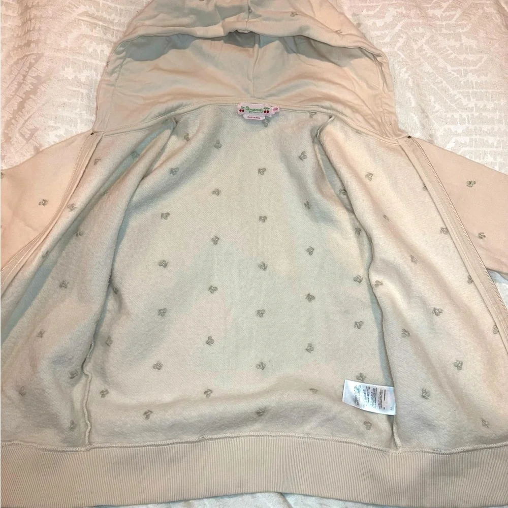 Bonpoint Ecru Cherry Print Zip-Up cream full zip hoodie